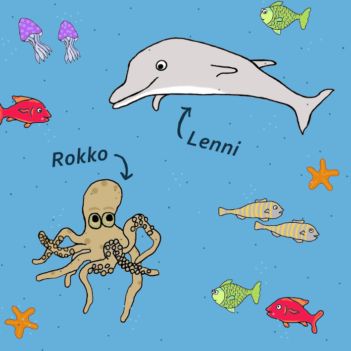 Bild von Rokko, dem Kraken und Lenni, dem Delfin